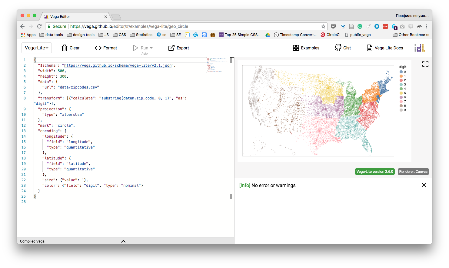 The Vega editor: a JSON chart specification on the left, the rendered US map it produces on the right.