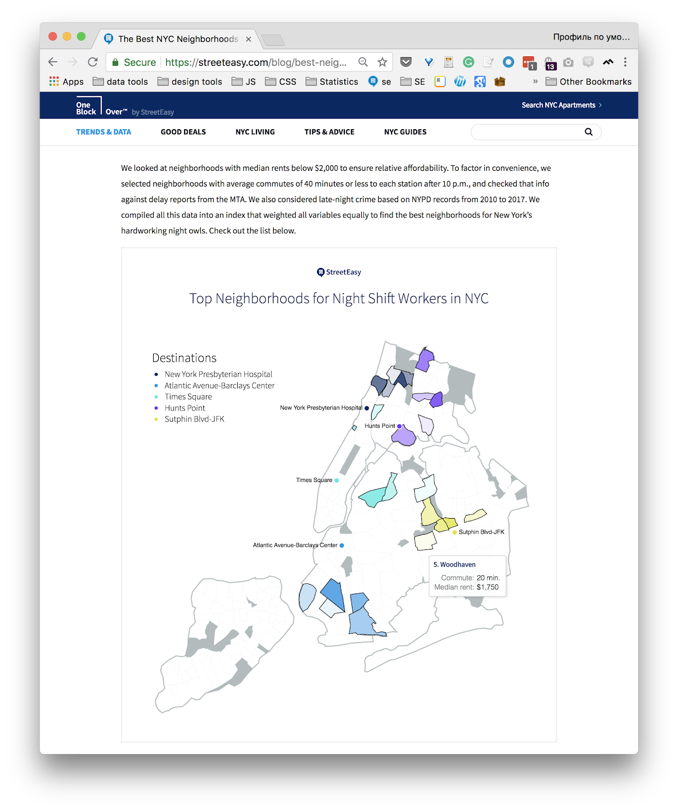 A published StreetEasy blog post, 'Top Neighborhoods for Night Shift Workers in NYC,' with an interactive map embedded in the page.
