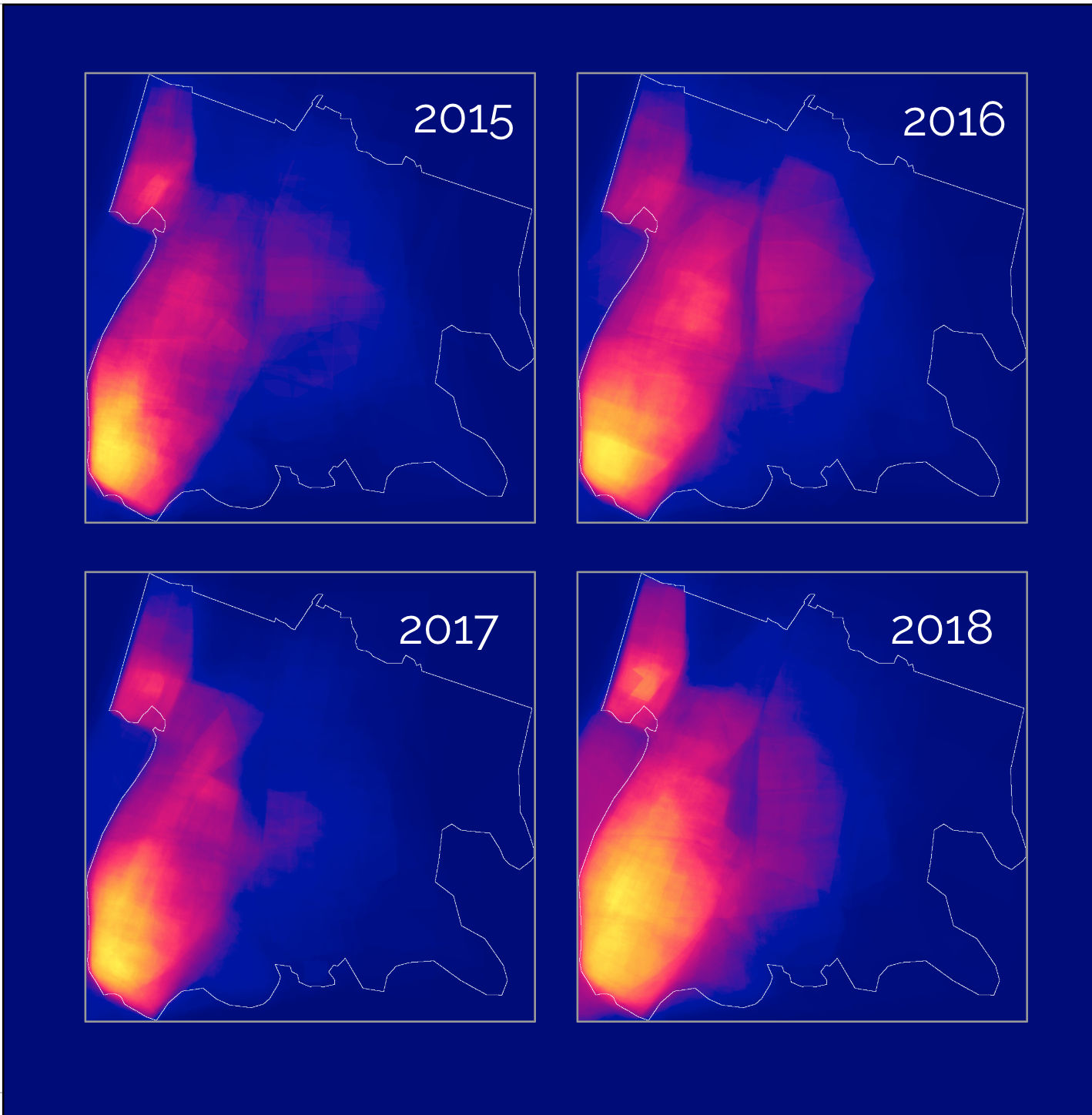 Density of custom boundaries for Bronx, over time.