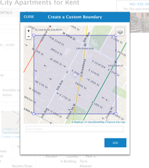 StreetEasy's 'Create a Custom Boundary' tool: a polygon being drawn over a Manhattan street map inside the search interface.