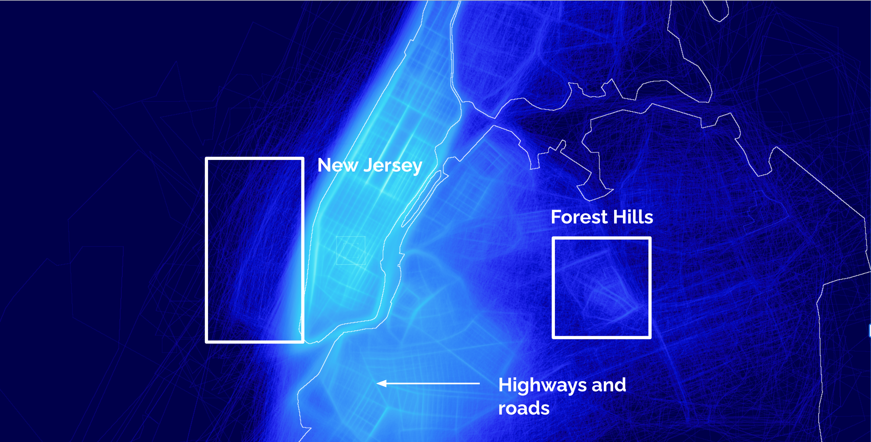 The density map annotated: boxes mark a large boundary reaching toward New Jersey and a bright cluster at Forest Hills, with an arrow labeling the bright lines as highways and roads.