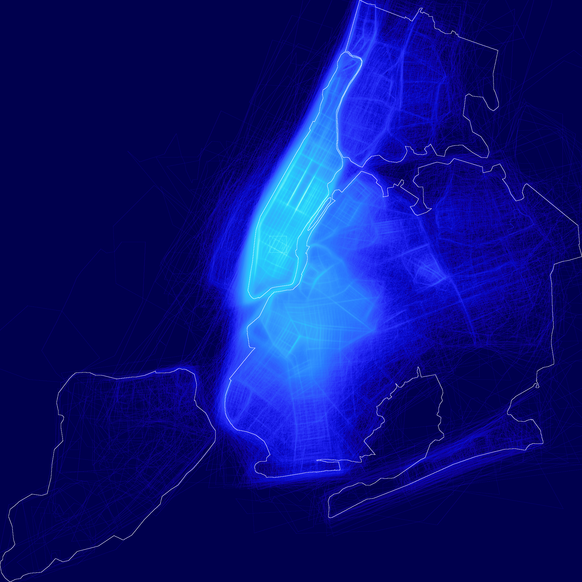 All ~40,000 custom search boundaries over New York City, rendered as a glowing density map; Manhattan blazes and the boroughs' structure emerges.