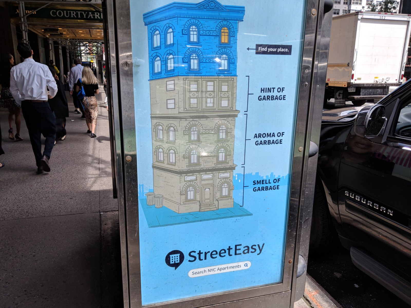 A StreetEasy 'Find your place' subway ad: a building in cutaway with floors labeled hint of garbage, aroma of garbage, smell of garbage.